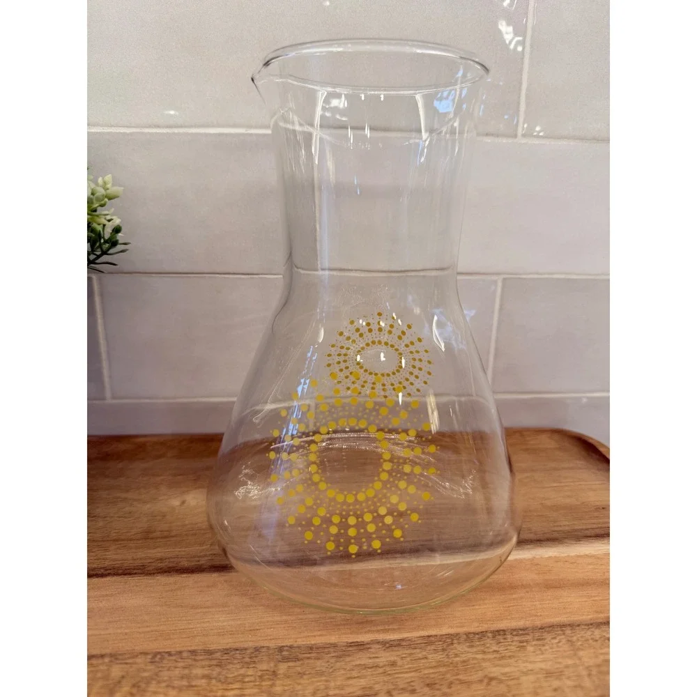 Pyrex Carafe Pitcher Vintage Yellow Sunburst Dot 7.75in Clear Glass MCM USA